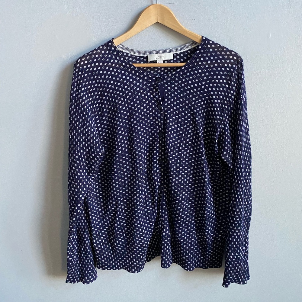 Loft White Polka Dot Navy Button Down Cardigan